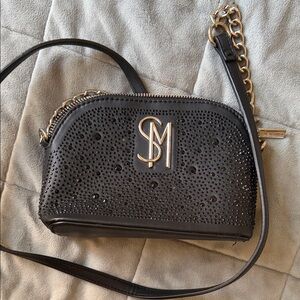 Black Crystal-Studded Crossbody with Gold Logo
